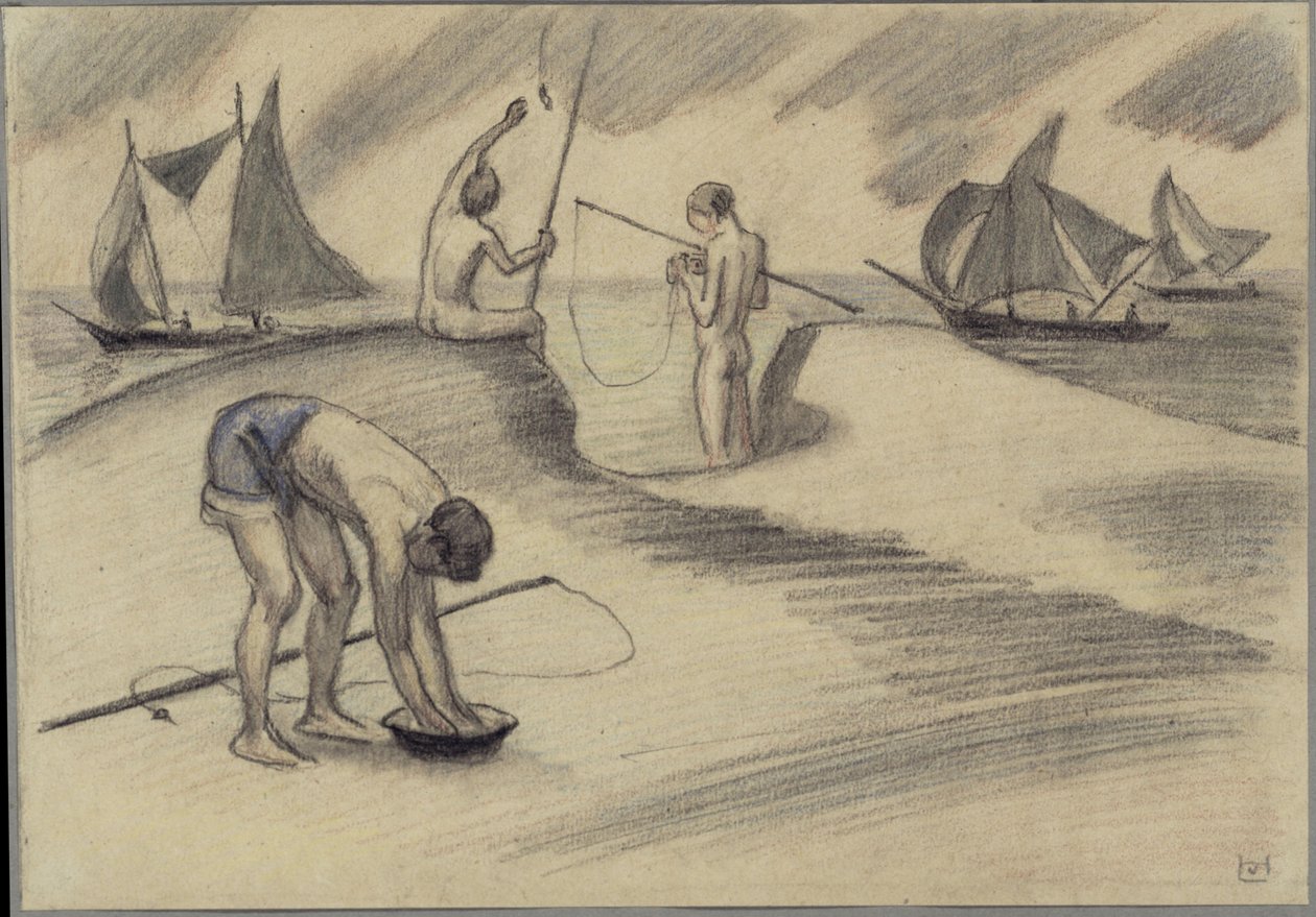Tre ragazzi che pescano al mare con velieri da Ludwig von Hofmann