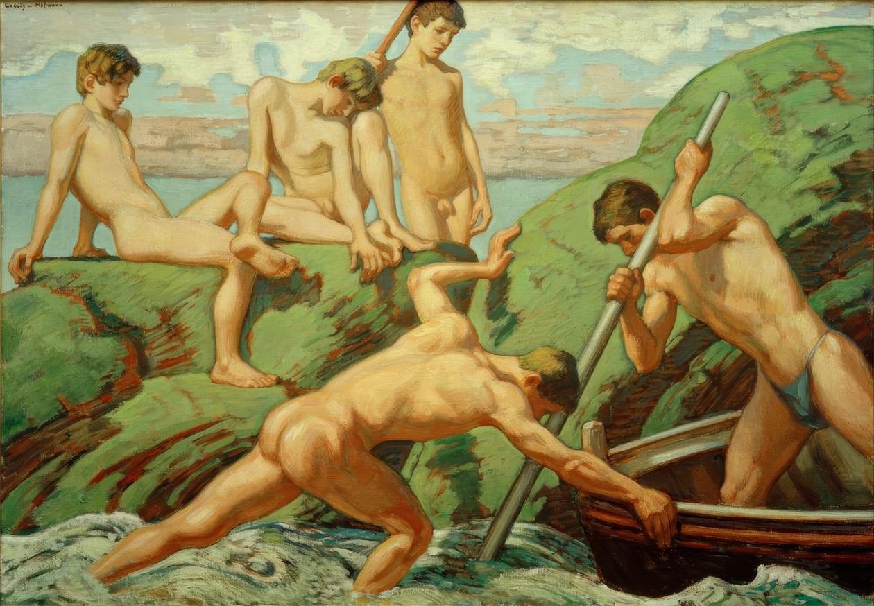 Nudi marinai (pescatori) e ragazzi sulla riva verde da Ludwig von Hofmann