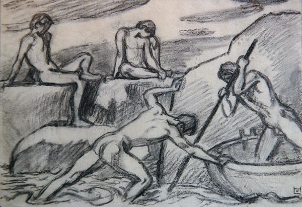 Barcaiolo nudo e giovani su una riva verde da Ludwig von Hofmann