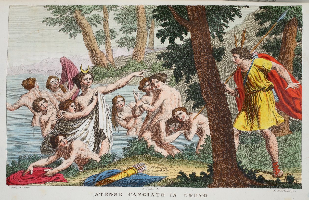 Atteone trasformato in cervo, illustrazione dalle Metamorfosi di Ovidio, Firenze, 1832 da Luigi Ademollo