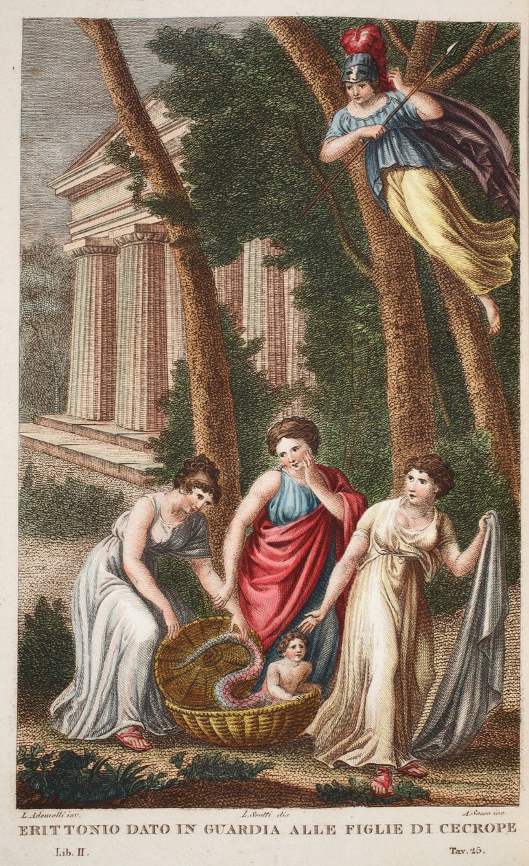 Erichthonius con piedi di drago o Erittonio dato in guardia alle figlie di Cecrope, Libro II, illustrazione dalle Metamorfosi di Ovidio, Firenze, 1832 da Luigi Ademollo