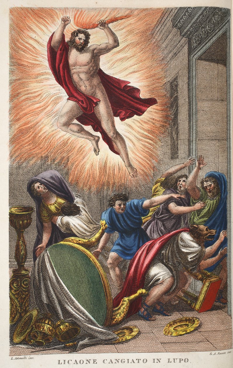 Licaone trasformato in lupo, illustrazione dalle Metamorfosi di Ovidio, Firenze, 1832 da Luigi Ademollo