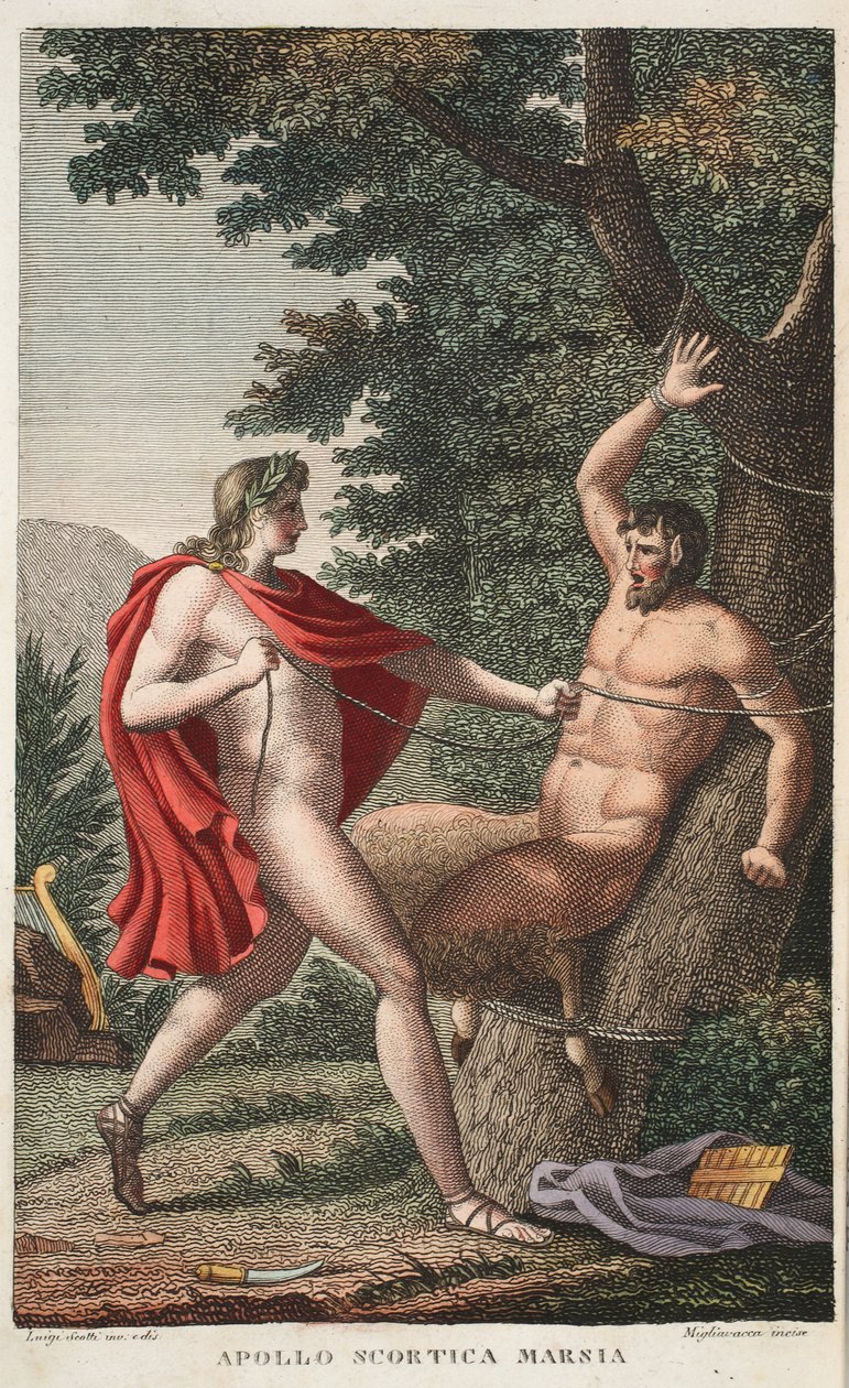 Marsia scorticato da Apollo, Libro VI, illustrazione dalle Metamorfosi di Ovidio, Firenze da Luigi Ademollo