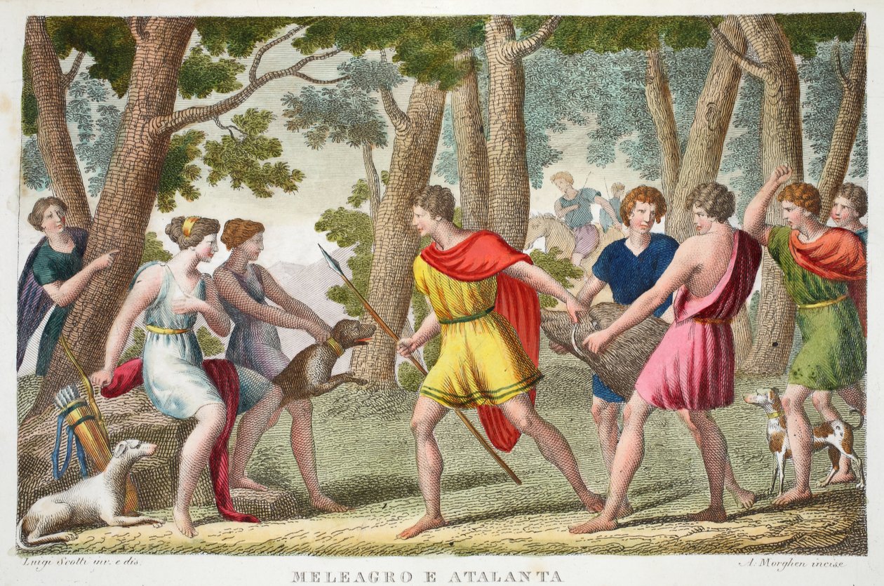 Meleagro e Atalanta, Libro VIII, illustrazione dalle Metamorfosi di Ovidio, Firenze, 1832 da Luigi Ademollo