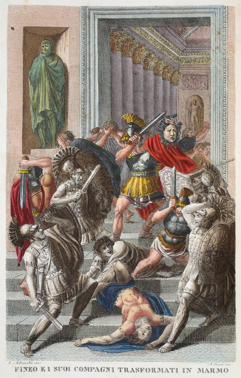 Fineo ei suoi compagni trasformati in marmo, Libro V, illustrazione dalle Metamorfosi di Ovidio, Firenze, 1832 (incisione colorata a mano) da Luigi Ademollo