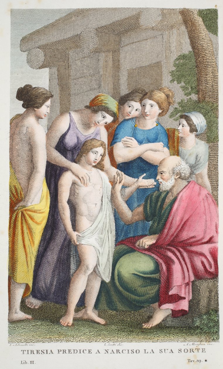 Tiresia Predice a Narciso la Sua Sorte, Libro III, illustrazione dalle Metamorfosi di Ovidio, Firenze, 1832 da Luigi Ademollo