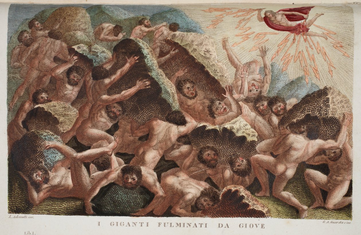 La guerra dei giganti contro Giove o I Giganti Fulminati da Giove, Libro I, illustrazione dalle Metamorfosi di Ovidio, Firenze, 1832 da Luigi Ademollo