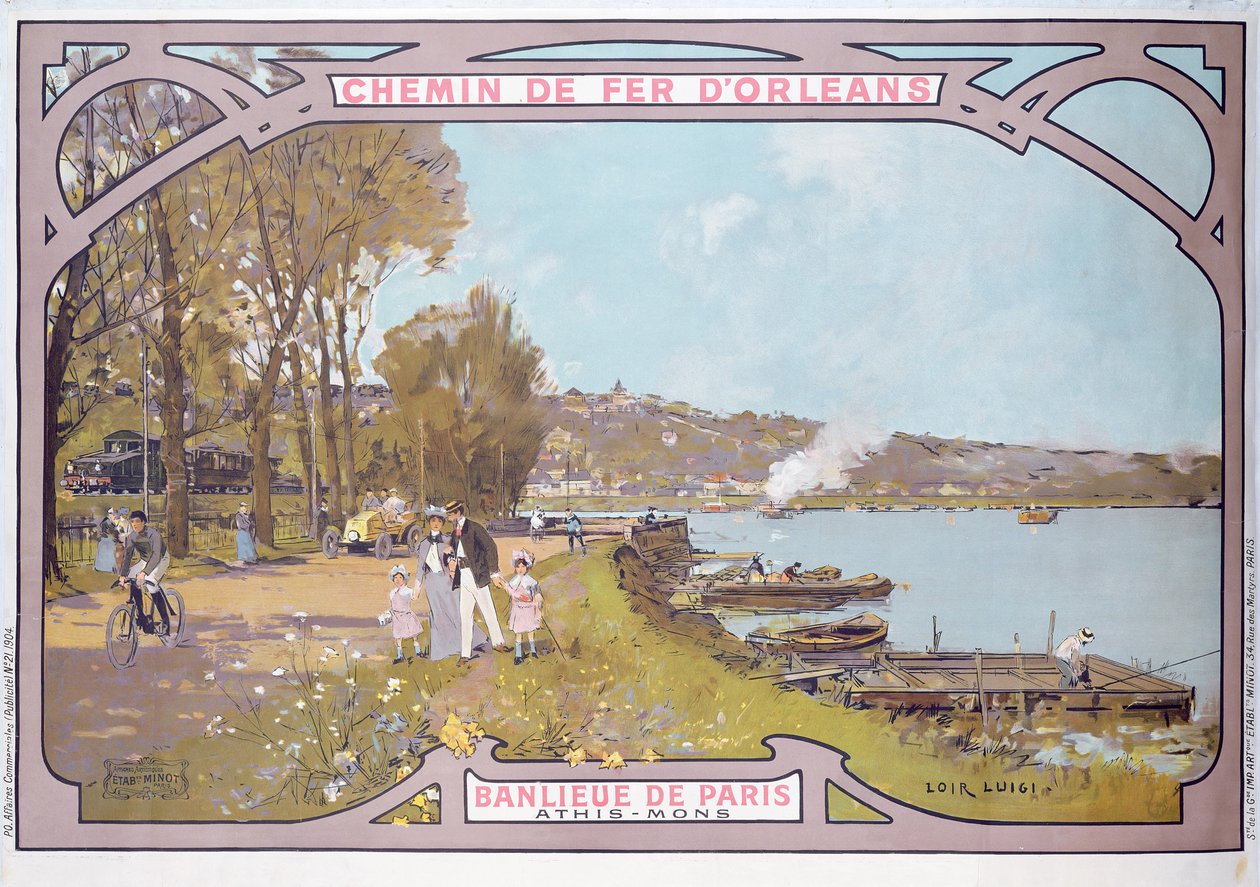 Poster pubblicitario delle attrazioni di una visita al sobborgo parigino di Athis-Mons con i 