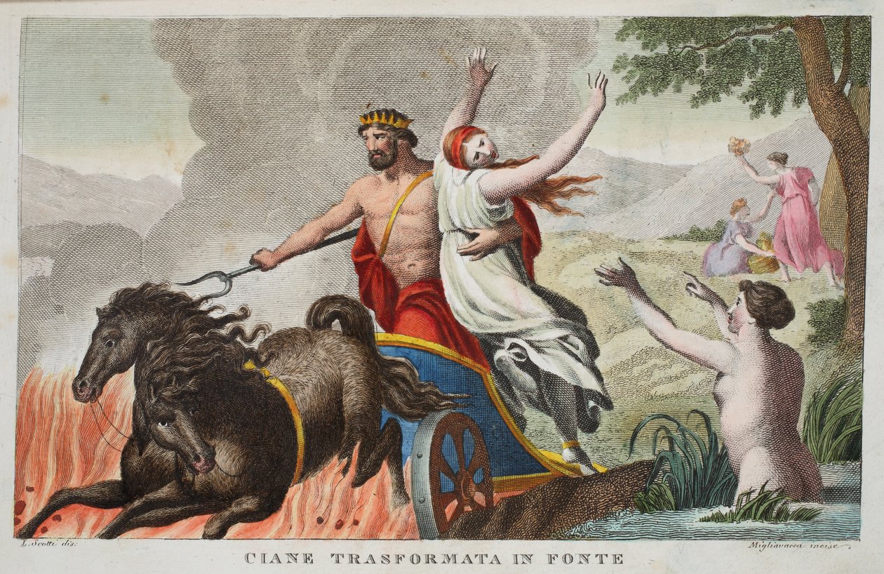 Ciane e il ratto di Proserpina o Ciane trasformata in fonte, Libro V, illustrazione dalle Metamorfosi di Ovidio, Firenze, 1832 da Luigi Ademollo