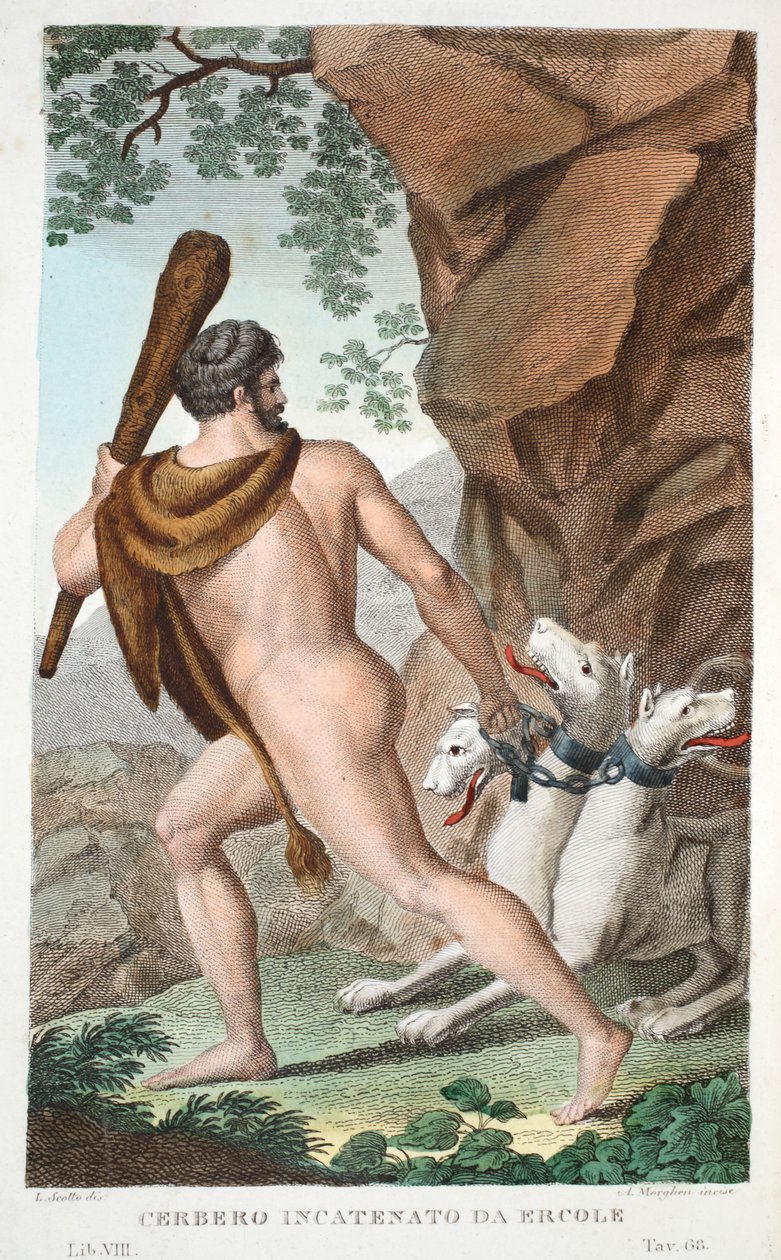 Ercole e Cerbero o Cerbero incatenato da Ercole, Libro VII, illustrazione dalle Metamorfosi di Ovidio, Firenze, 1832 da Luigi Ademollo