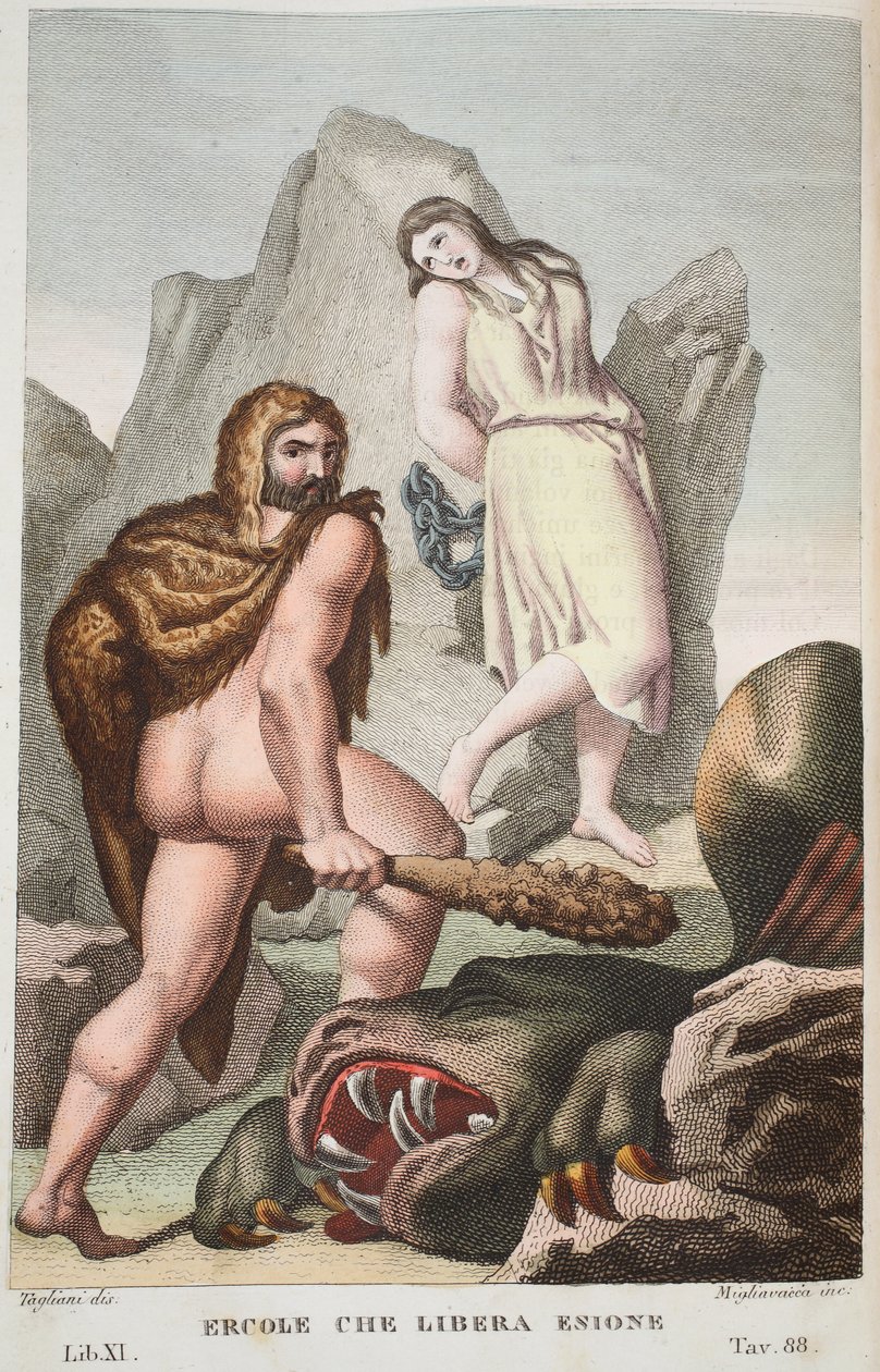 Ercole che libera Enione, Libro XI, illustrazione dalle Metamorfosi di Ovidio, Firenze, 1832 (incisione colorata a mano) da Luigi Ademollo
