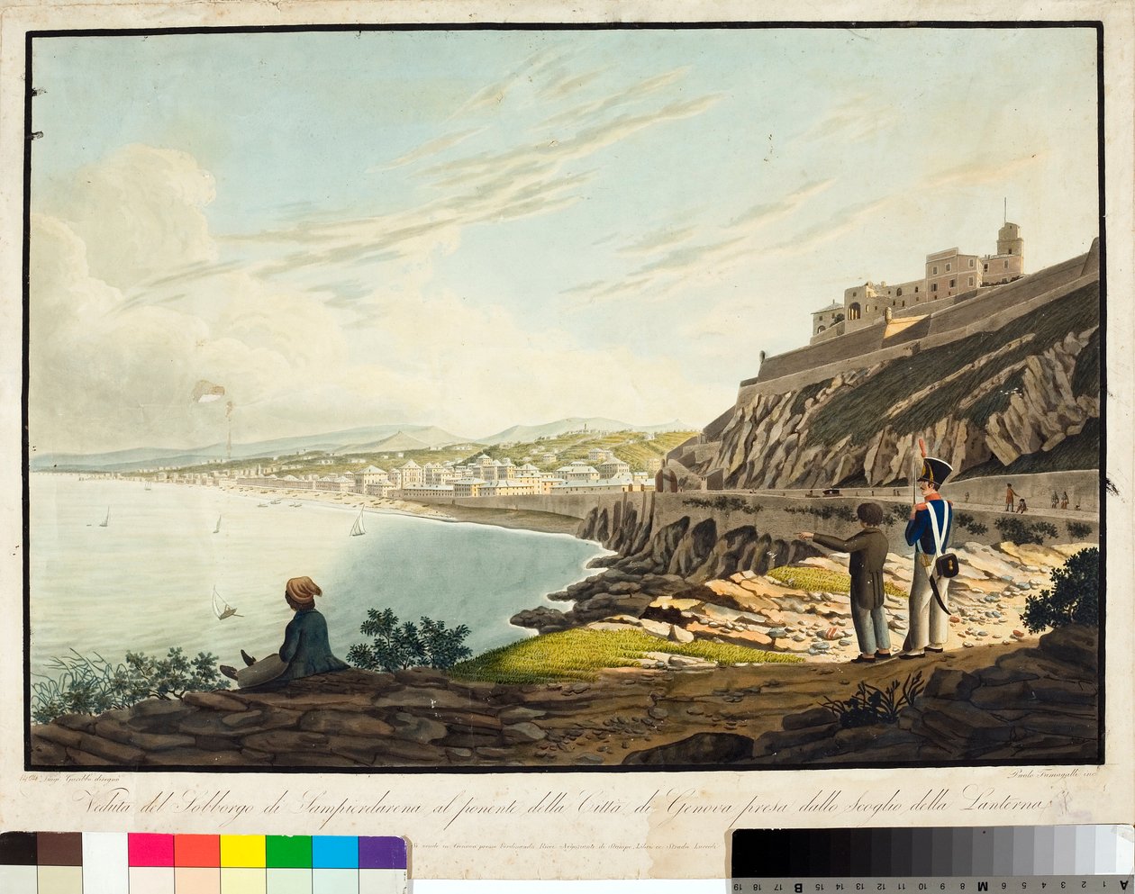 Veduta del quartiere di Sampierdarena a ovest di Genova, dal faro (incisione, c.1813-1814) da Luigi Garibbo