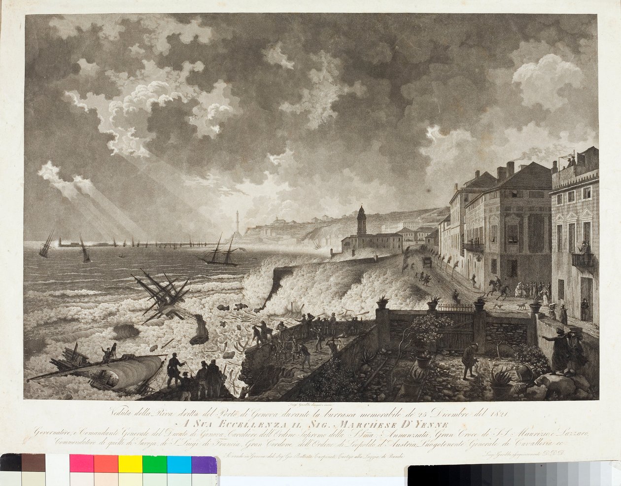 Veduta del porto di Genova durante la Tempesta del 25/12/1821 (incisione, c.1821) da Luigi Garibbo