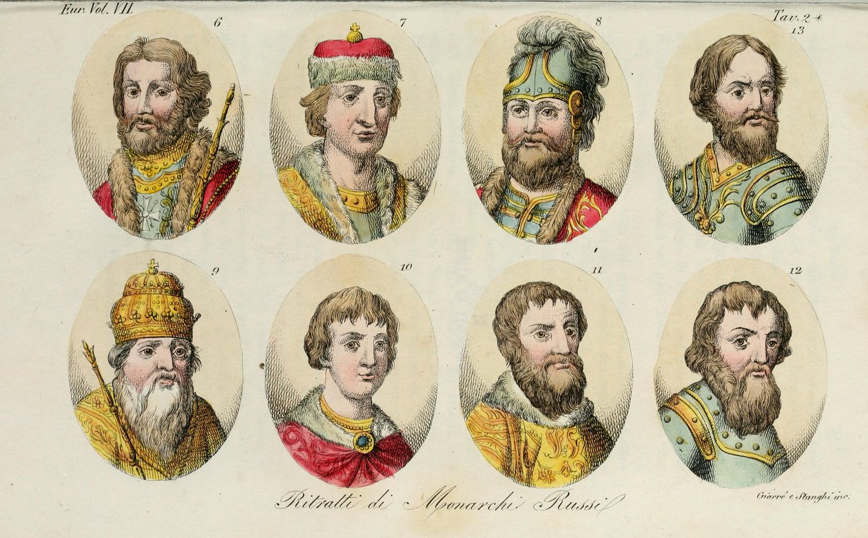 6. Yaroslav 7. Sviatoslav II 8. Sviatopolk 9. Vladimir Monomakh 10. Yuri I 11. Ivan II 12. Dmitry Donskoy 13. Ivan III, 1831 da Luigi Giarrè