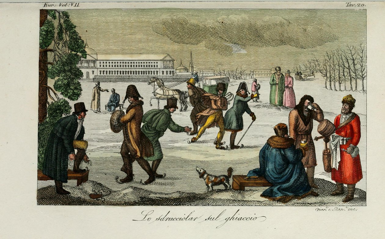 Pista di pattinaggio. Illustrazione da Il costume antico e moderno o storia del governo di Giulio Ferrario, 1831 da Luigi Giarrè