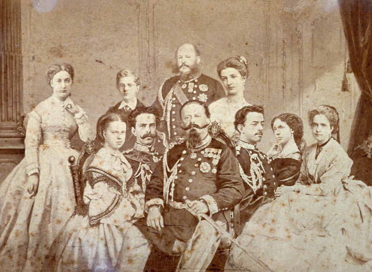 Il quadro ritrae vari membri della famiglia reale di Savoia. Al centro, seduti, Vittorio Emanuele II, Umberto I e Amedeo in uniforme da cerimonia; le figlie del sovrano ed Elisabetta di Sassonia in abiti eleganti. da Luigi Montabone