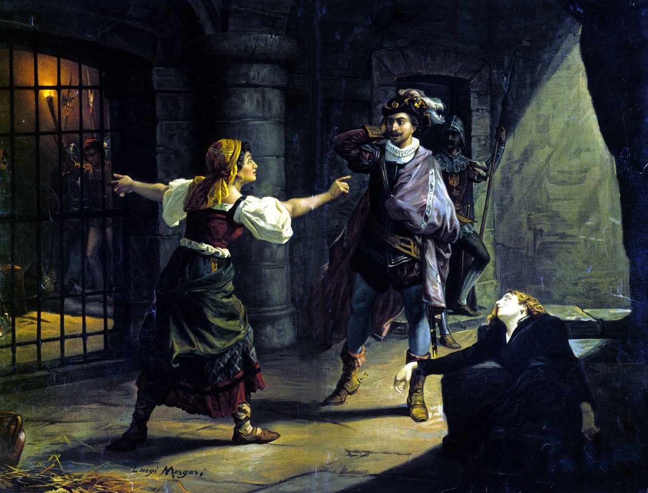 Le Fere (il Trovatore) di Giuseppe Verdi (1813-1901). Cromolitografia di Luigi Morgari da Luigi Morgari