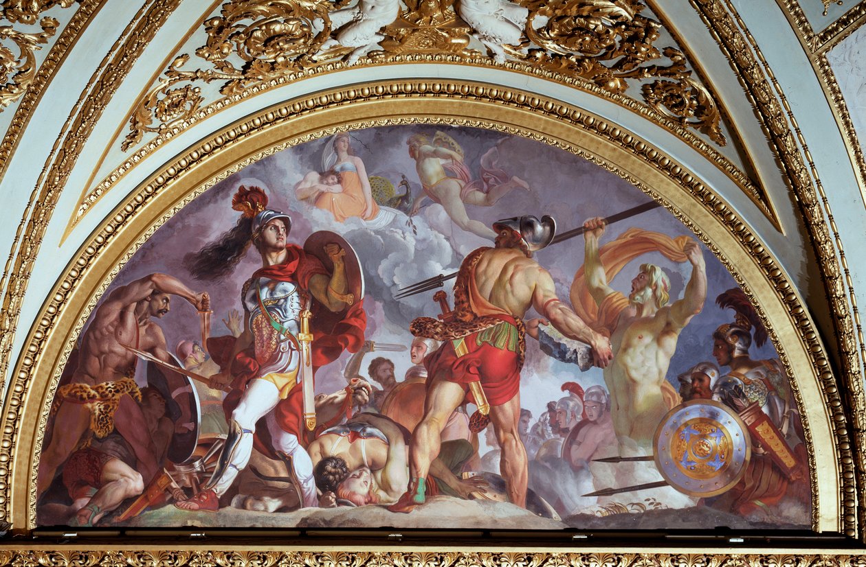 Iliade di Omero: Aiace si appresta a lanciare una pietra contro Ettore, nei cieli Giove dorme tra le braccia di Giunone da Luigi Sabatelli