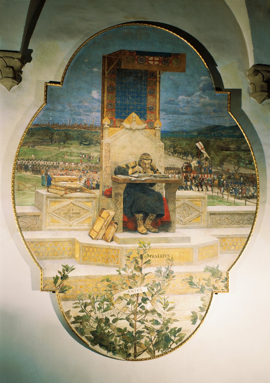 Irnerio annota le vecchie leggi, di Luigi Serra, affresco staccato, 486x355 cm da Luigi Serra