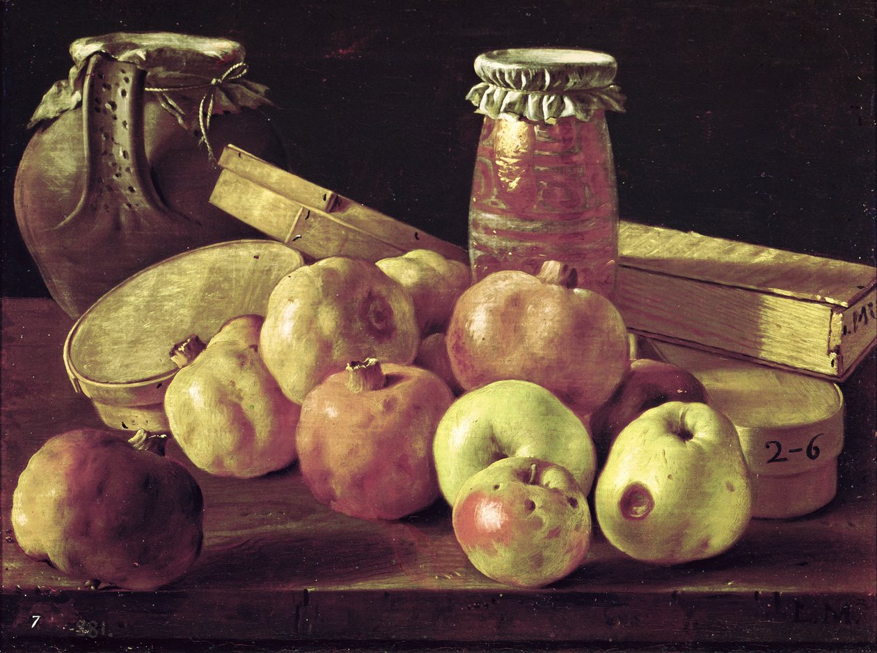 Natura morta con melograni, mele, un vaso di marmellata e un vaso di pietra da Luis Egidio Melendez
