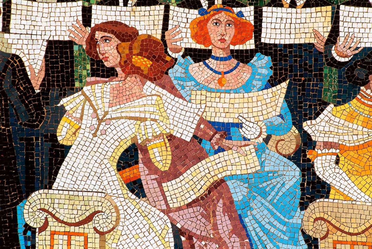 Architettura art nouveau: Palazzo della musica catalana, Barcellona. Mosaico che decora la facciata: donna che canta nel coro catalano (Orfeo Catala), (dettaglio) da Luis & Bru i Salelles Luis (1868 1952) Domenech i Montaner