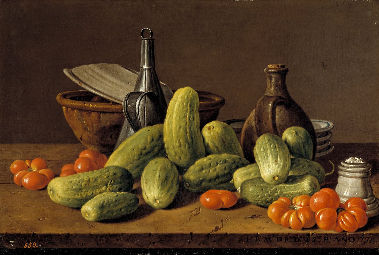 Spagnolo: Bodegón con pepinos, tomates y recipientes Natura morta con cetrioli, pomodori e recipienti da Luis Egidio Melendez