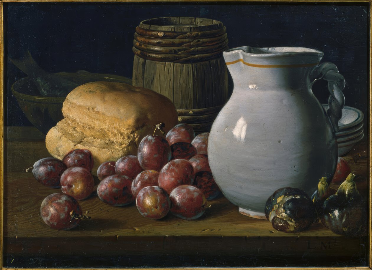 Natura morta con prugne, fichi, pane, barili, brocca e altri recipienti da Luis Meléndez
