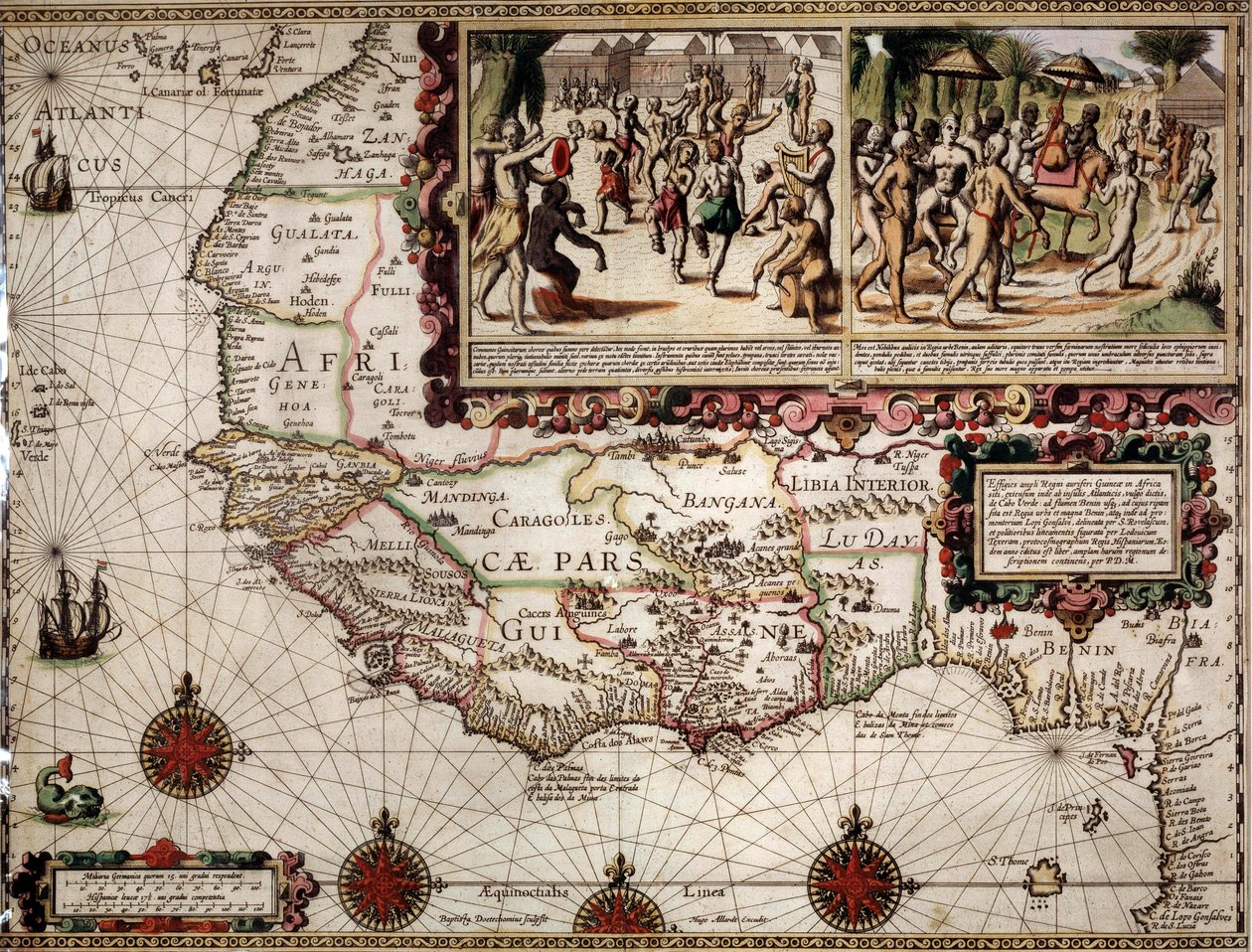 Mappa geografica della Guinea realizzata dal cartografo Luis Teixera (o Teixeira), circa 1586. In alto a destra, rappresentazione di una scena di danza tra gli indigeni (africani). da Luis Teixeira