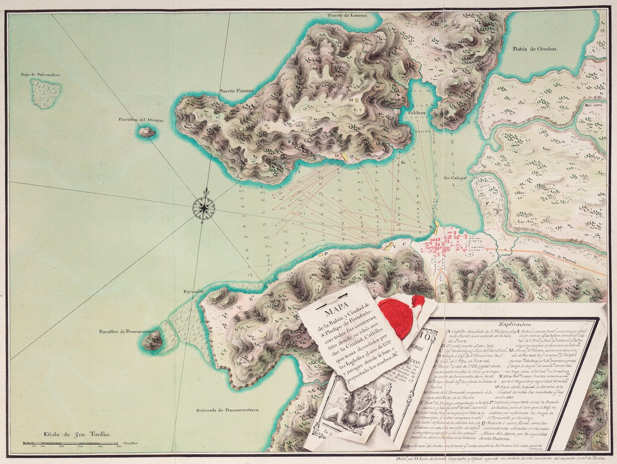 Mappa della baia e della città di S. Phelipe de Portobelo da Luis de Surville