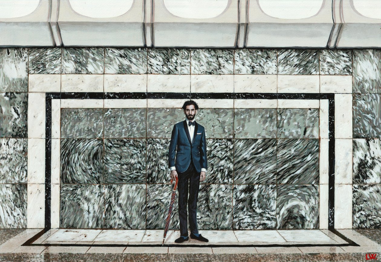 Autoritratto su una piattaforma, 2020 circa (pittura acrilica su carta) da Luke Waller