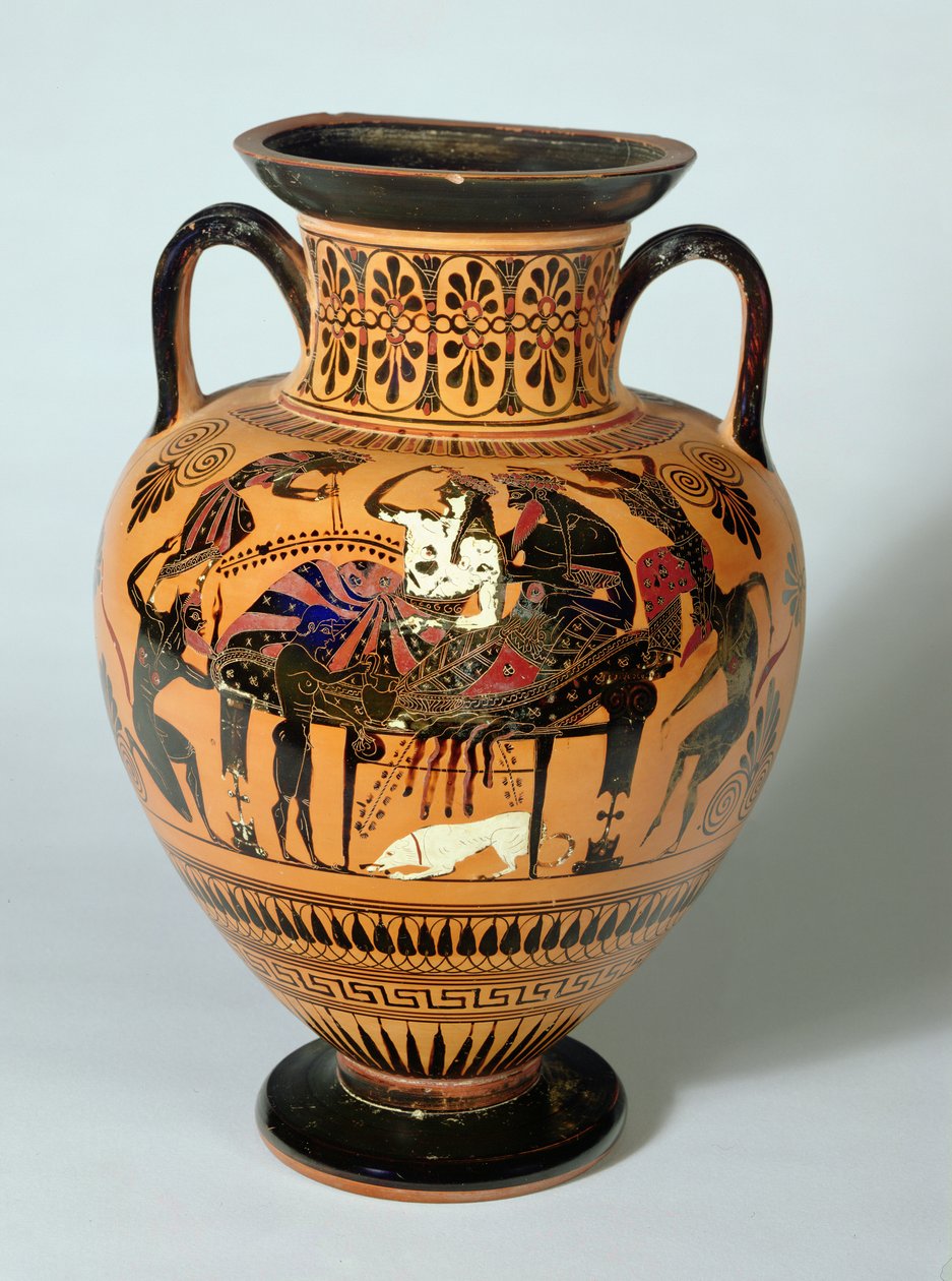 Anfora a figure nere raffigurante Dioniso e Arianna a banchetto, Greca, 530-520 a.C. da Lysippos