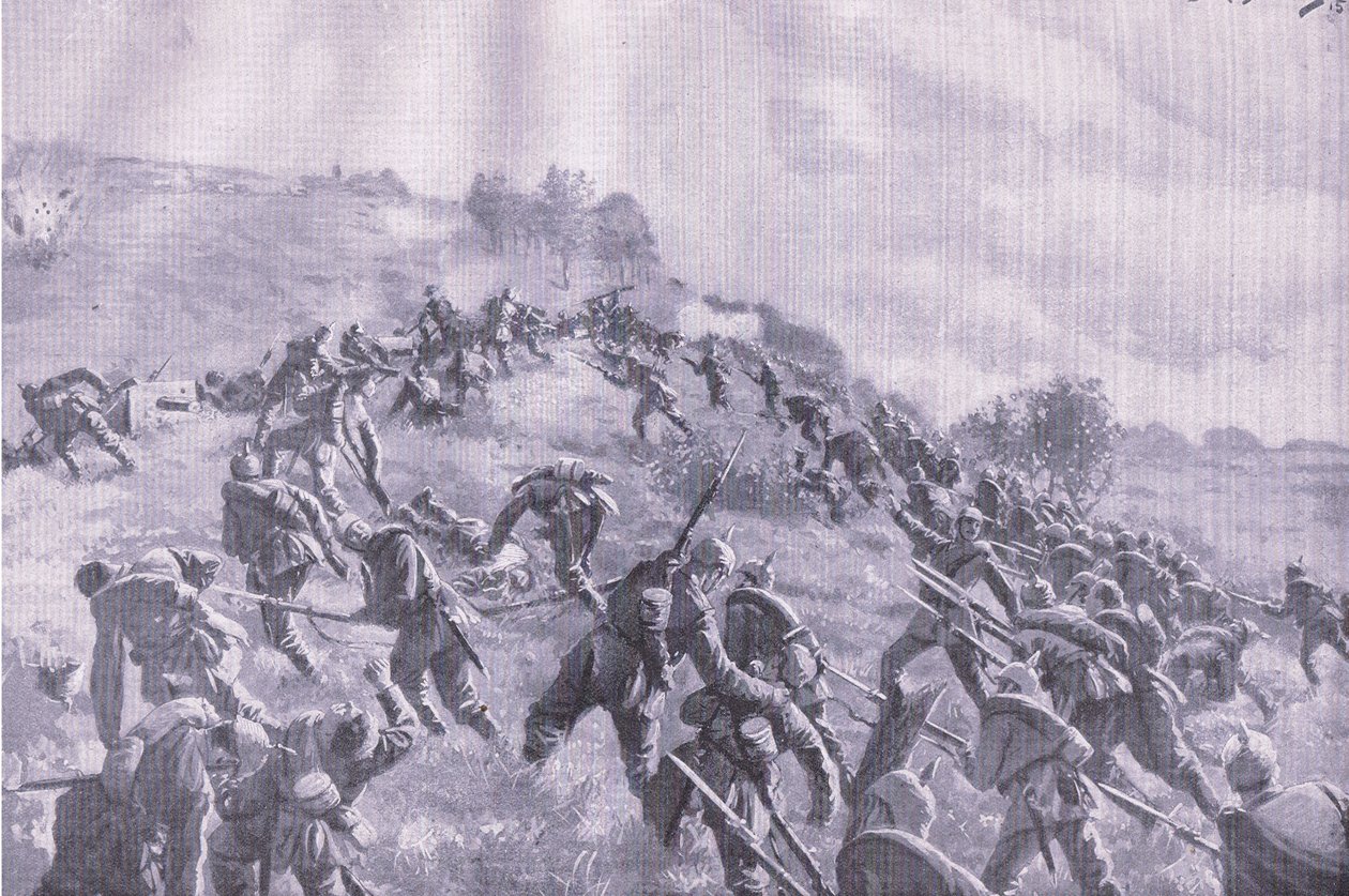 La riconquista di Szawle. Assalto alla cresta, da The Illustrated History of the World War 1914-1915 pub. da Union Berlagsefellfchaft da M. Barascudts