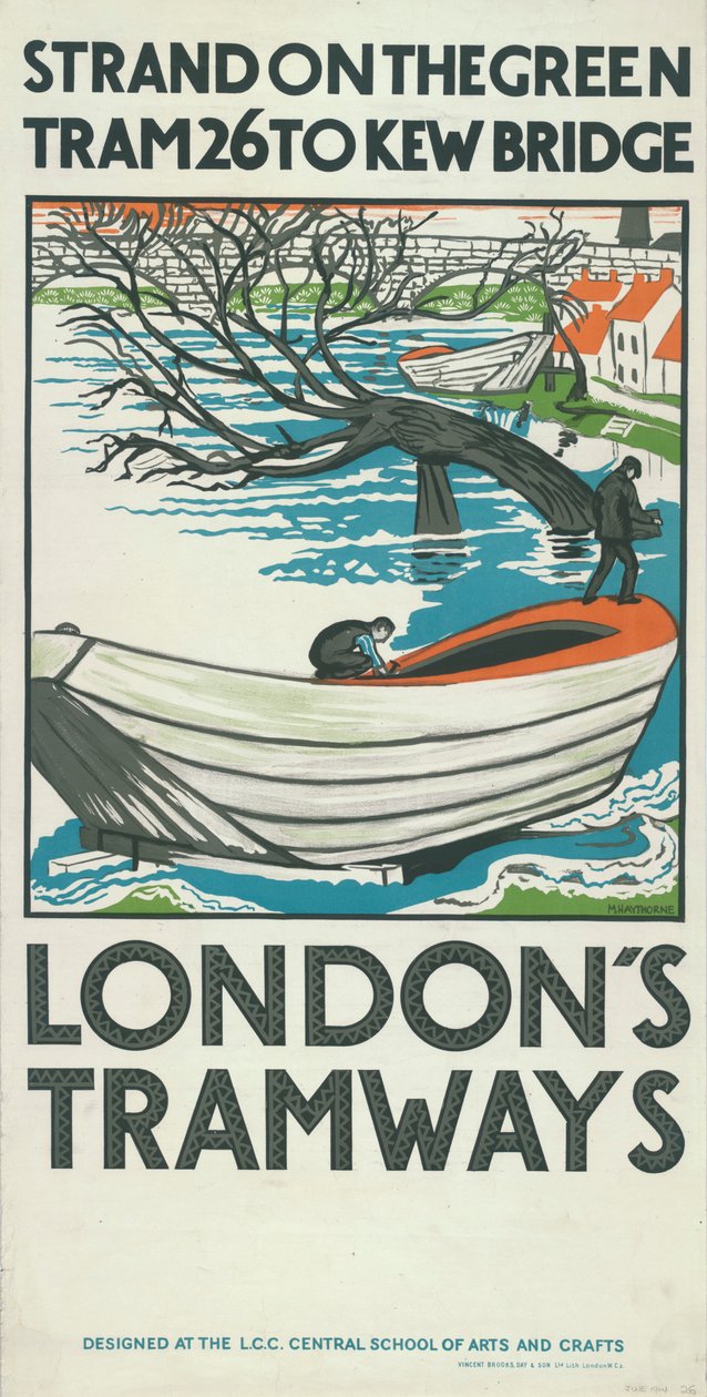 Strand on the Green, Tram 26 per Kew Bridge, poster del London County Council LCC Tramways da M Haythorne