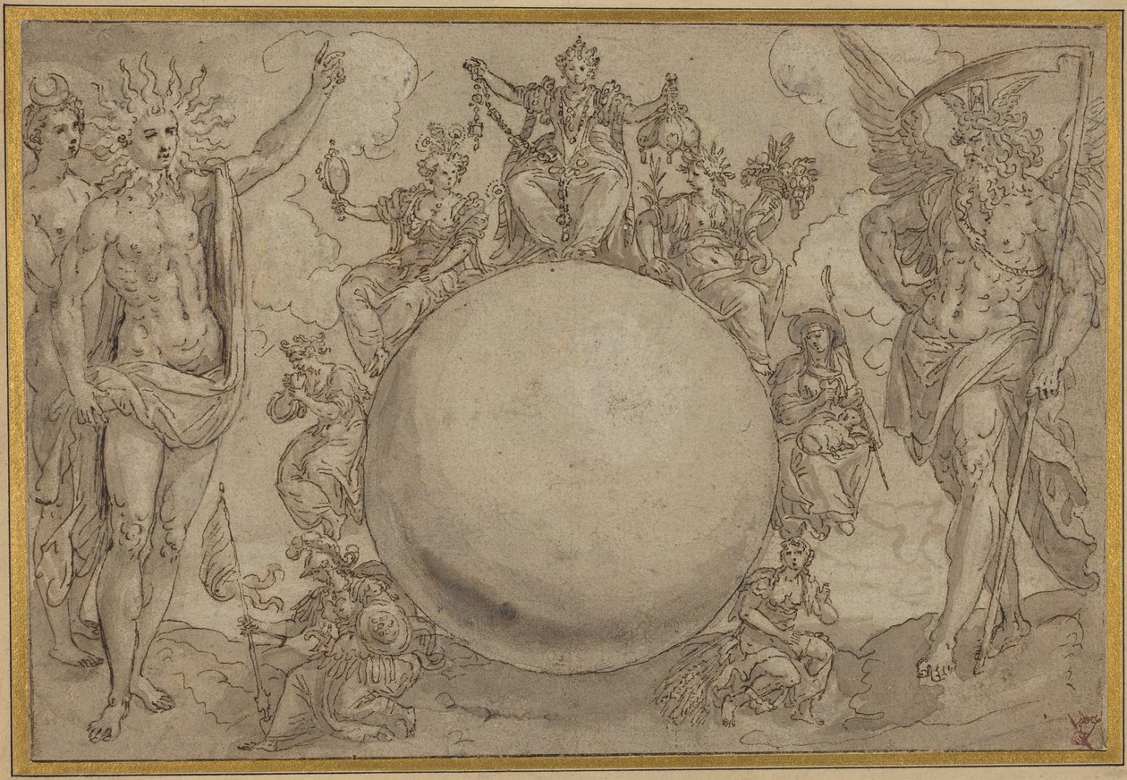 Apollo, Diana e il tempo con le cicliche vicissitudini della vita umana, 1561 circa (penna e inchiostro marrone con lavaggio grigio su tracce di grafite, inciso per il trasferimento su carta vergata) da Maarten de Vos