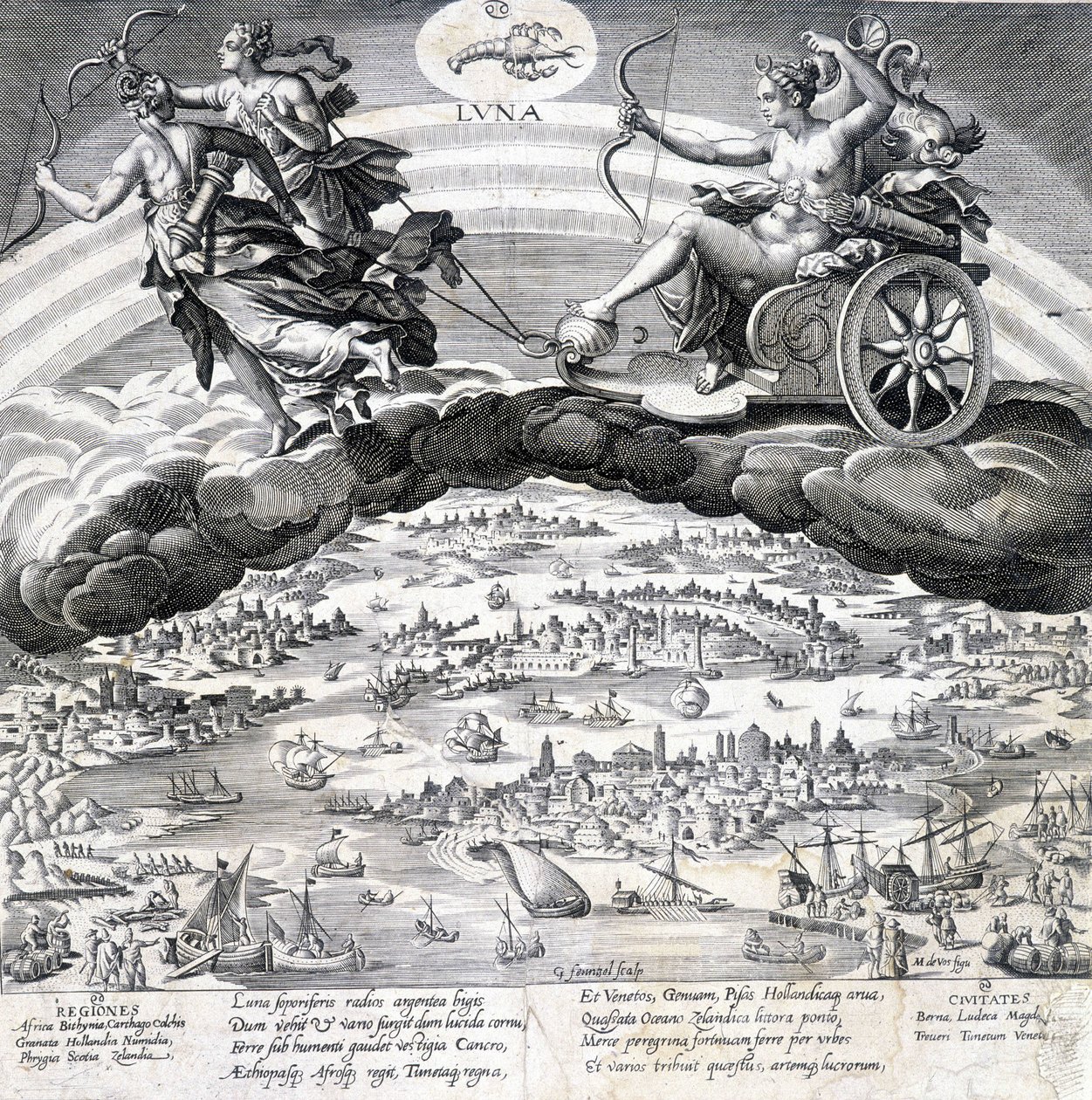 Luna: allegoria della Luna (Diana) e dello Scorpione che è sotto la sua influenza (segno dello Zodiaco) - incisione di Maaerten de Vos (Martin de Vos, Marten de Vos) (1532-1603), n.d. da Maarten de Vos