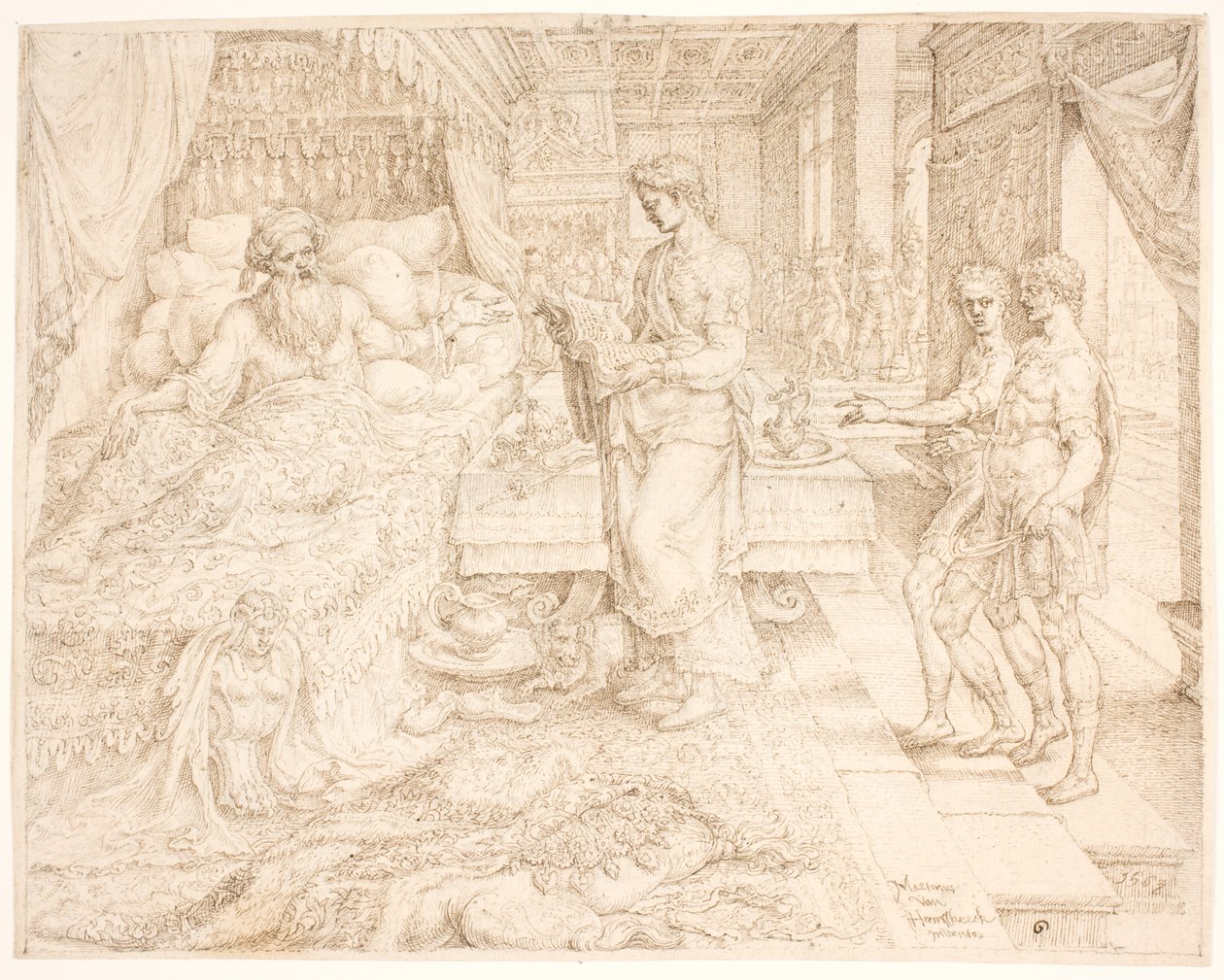 Assuero, quando non poteva dormire, consultando i registri da Maarten van Heemskerck