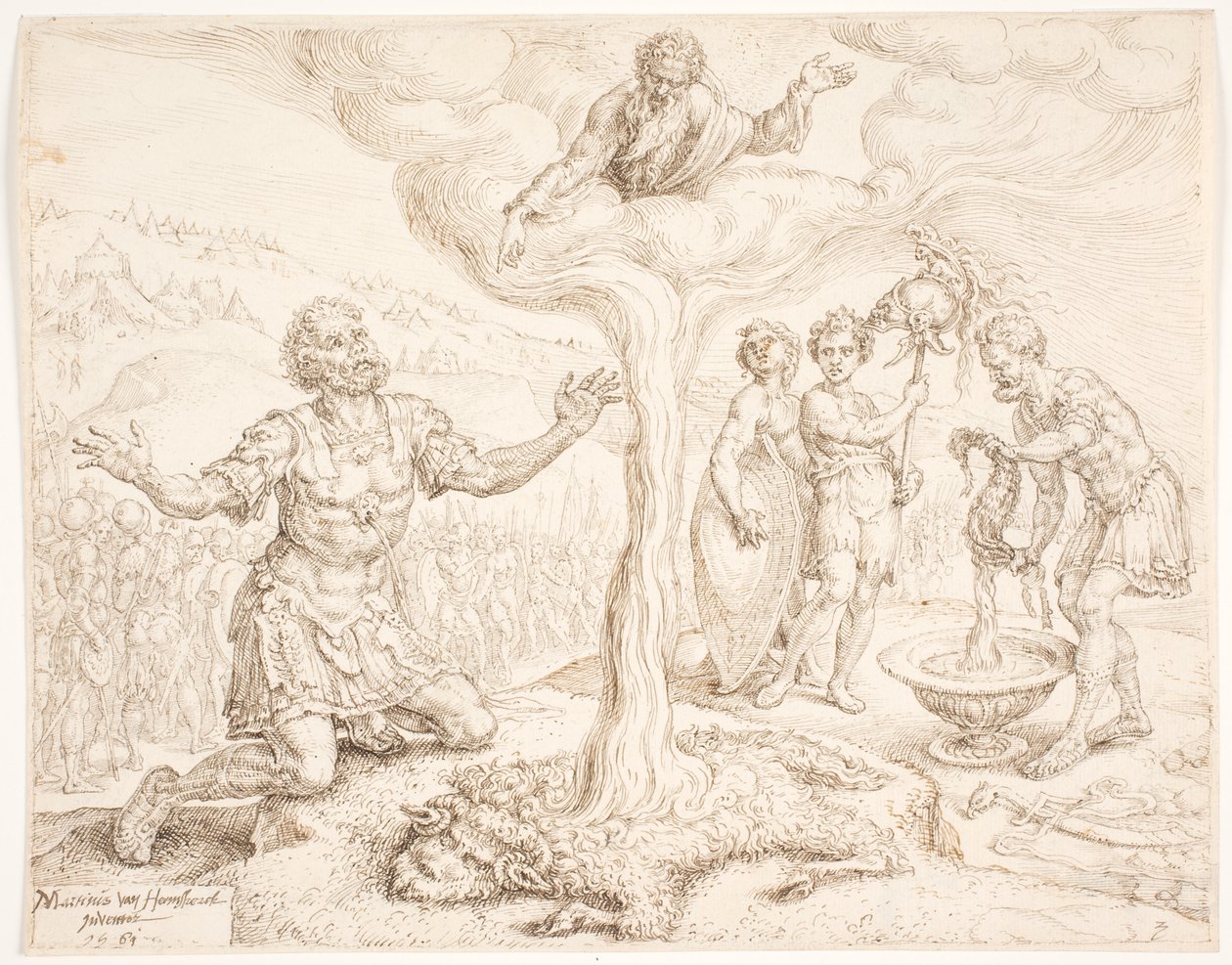Gedeone in ginocchio in preghiera (La storia della rugiada e del vello di lana) da Maarten van Heemskerck