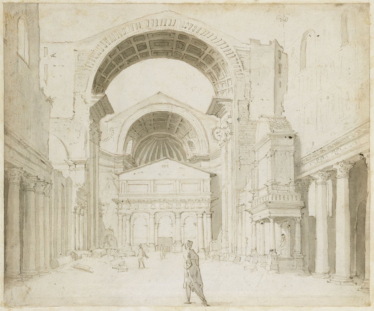 Vista interna della navata della vecchia chiesa di San Pietro con vista sul nuovo edificio da Maarten van Heemskerck