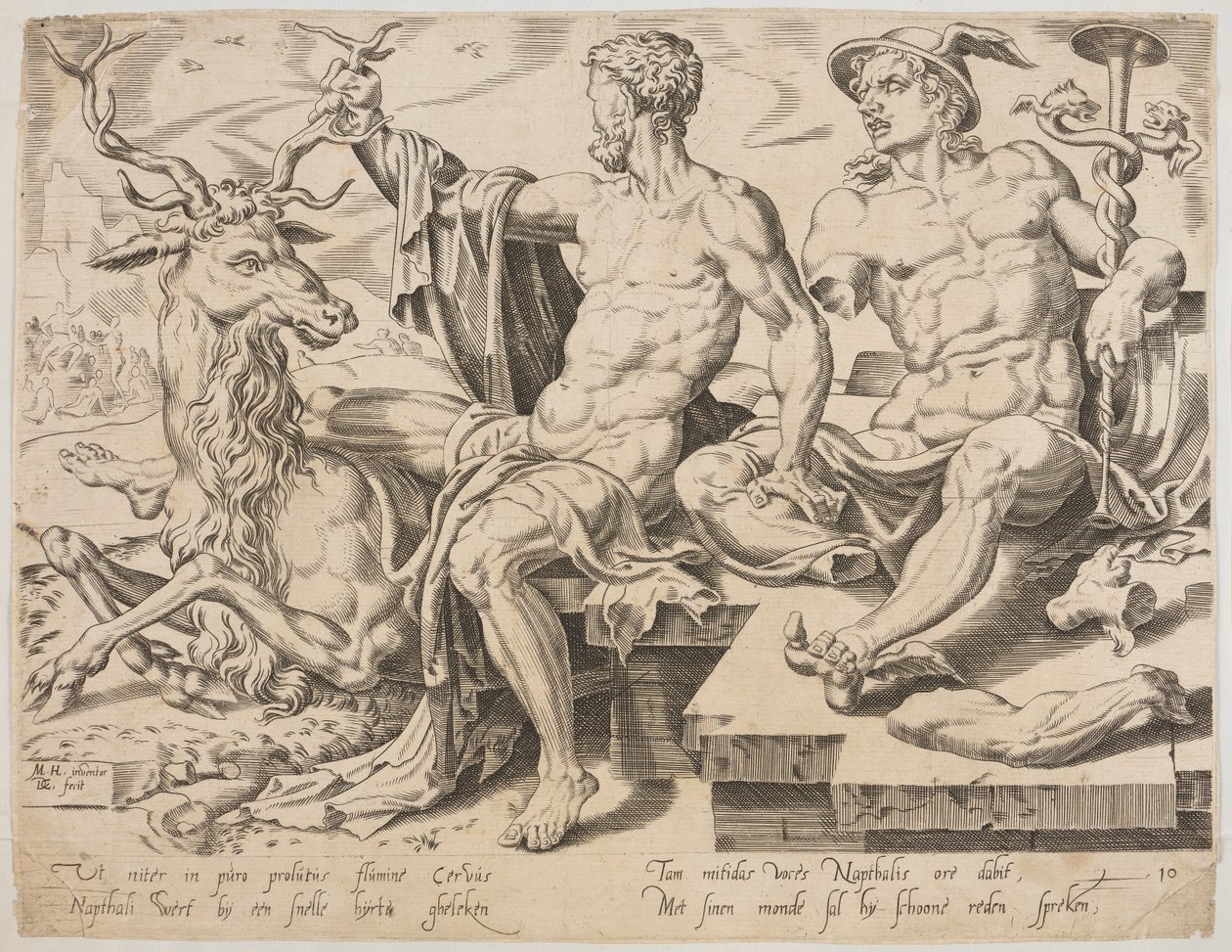 Neftali con un cervo e una statua rotta di Mercurio, dalla serie I Dodici Patriarchi, incisione di Dirk Volkertsz Coornhert da Maarten van Heemskerck