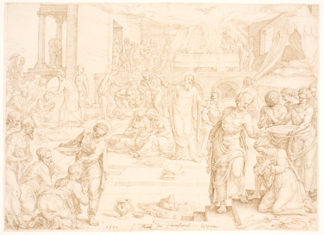 Pietro e gli altri apostoli battezzano la congregazione a Gerusalemme da Maarten van Heemskerck