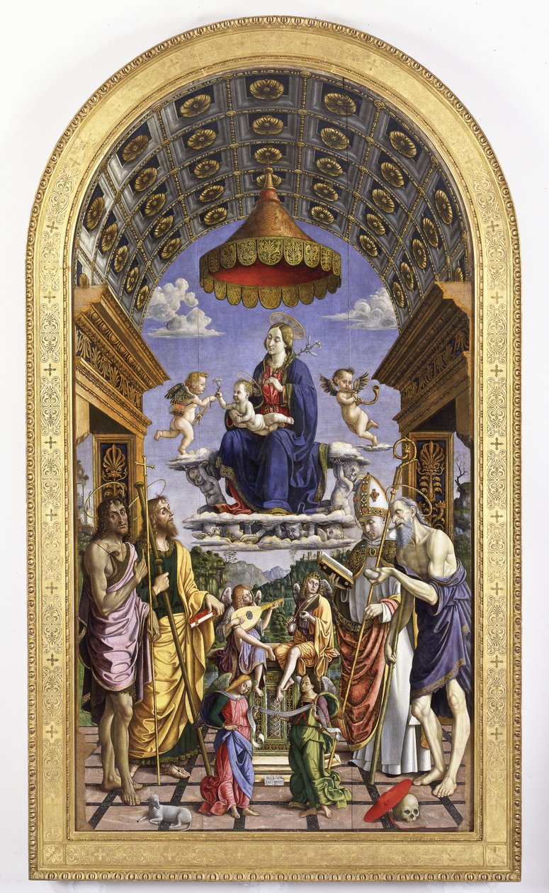 Madonna col Bambino in gloria, angeli musicisti e santi Giovanni Battista, Giacomo, Ugo e Girolamo, 1498 da Macrino dAlba