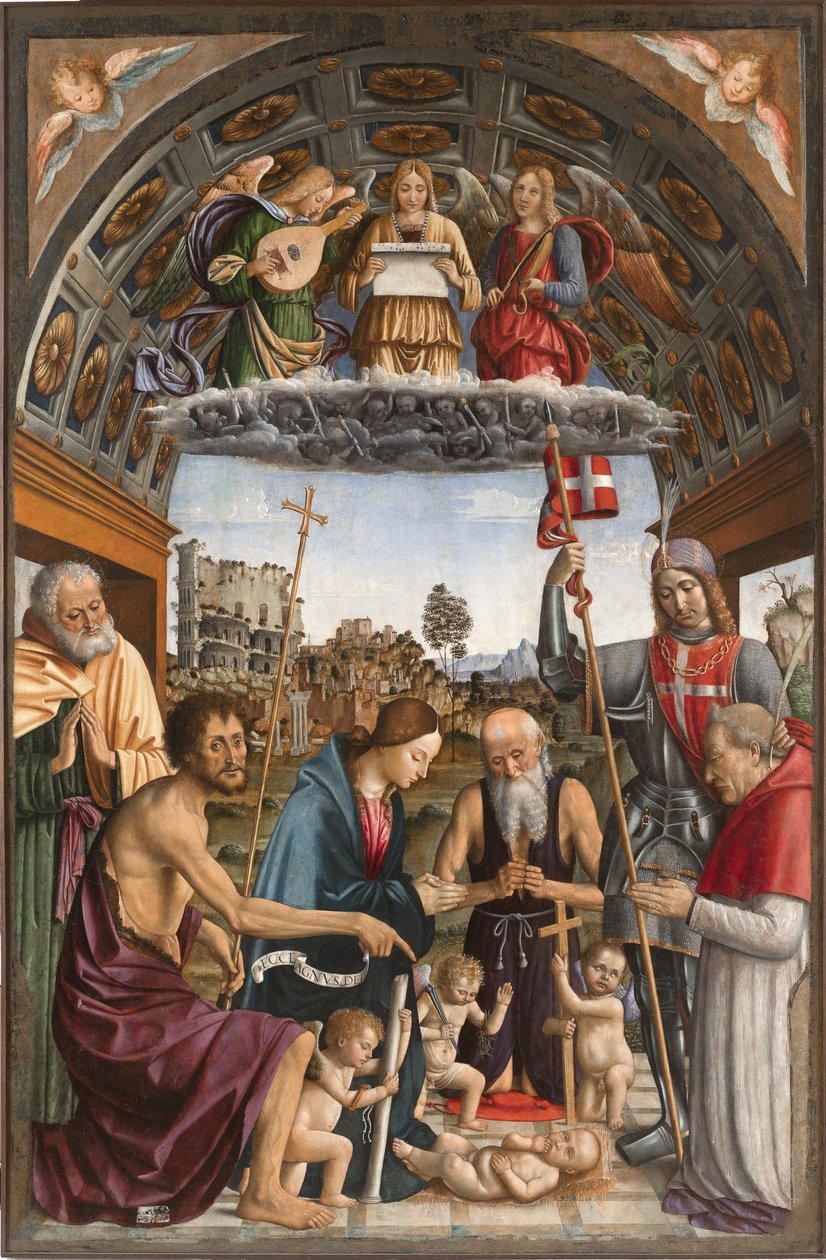 Madonna in adorazione del Bambino con putti che portano i simboli della Passione, angeli musicisti, santi Giuseppe, Giovanni Battista, Girolamo, Solutore e il donatore Amedeo di Romagnano, 1505 da Macrino dAlba