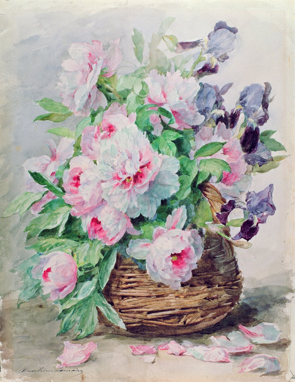 Iris e peonie in un cesto da Madeleine Lemaire