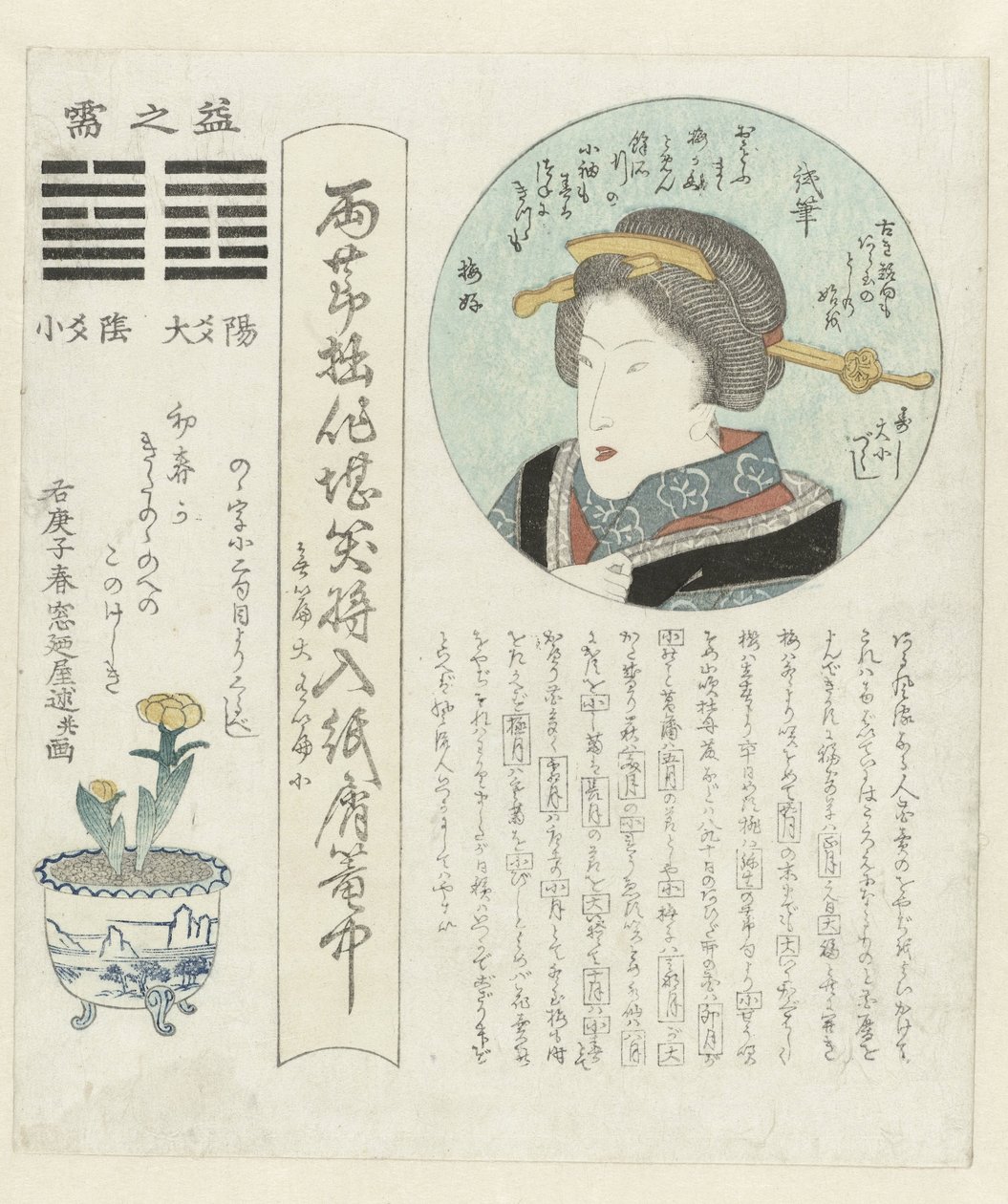 Ritratto di una donna in un cartiglio circolare (Una serie annuale di calendari) (Kotobushi daishōtsukushi) da Madonoya