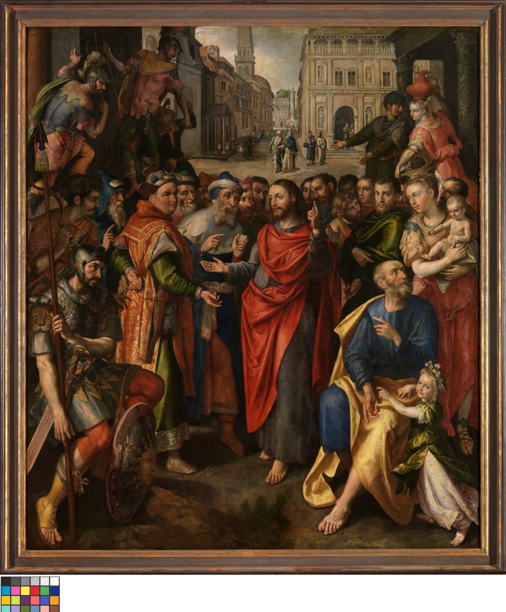 Olandese: Il gettone del pedaggio (Matteo 17, 24-27; a sinistra), il gettone del cine (Luca 20, 21-26; al centro), la parabola della vedova povera (Marco 21, 41-44; a destra) (Pala d