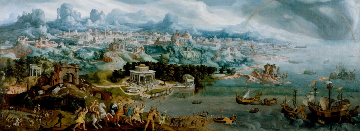 Panorama con il ratto di Elena tra le meraviglie del mondo antico da Maerten van Heemskerck