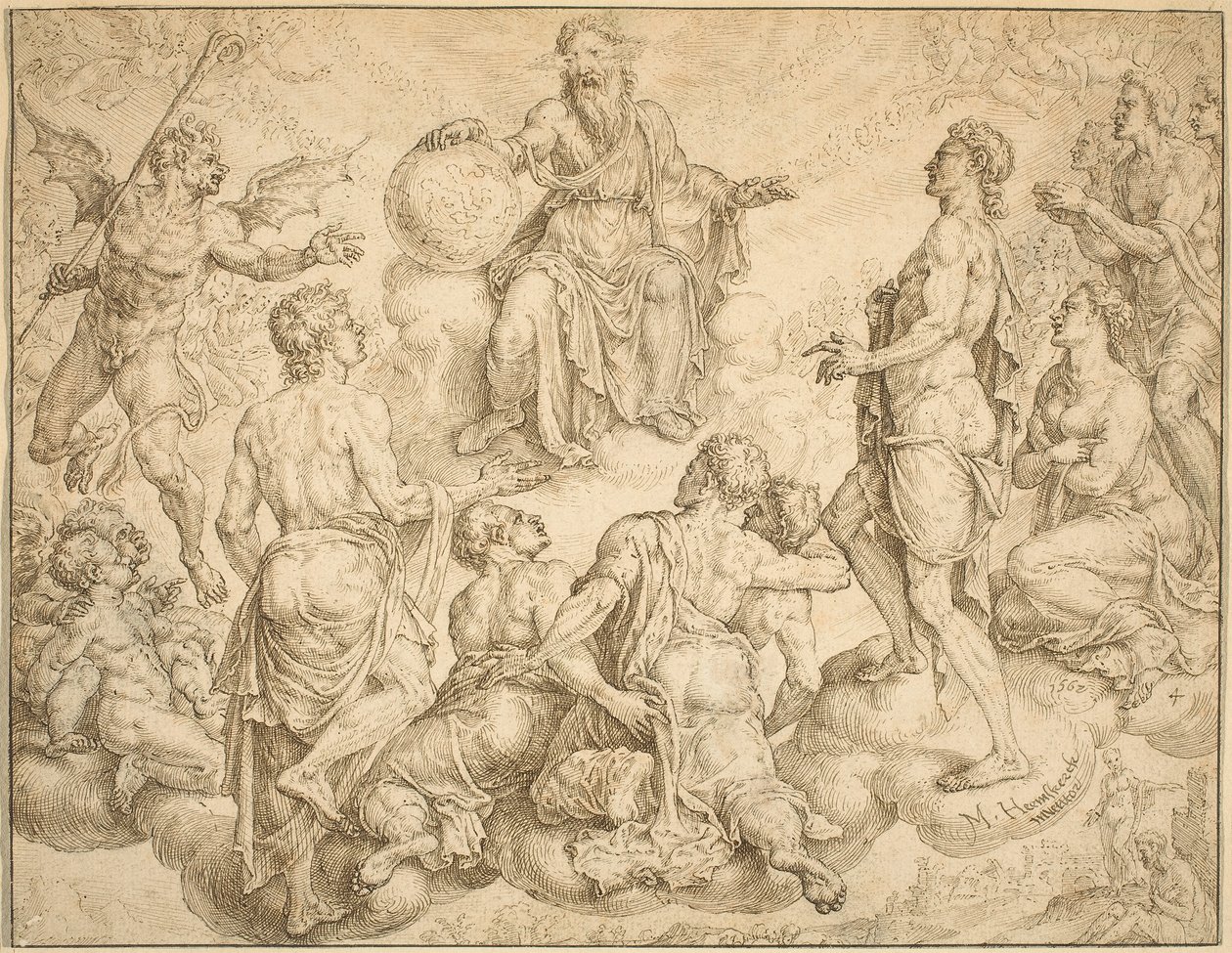 Satana sfida Dio a rimuovere la sua protezione da Giobbe da Maerten van Heemskerck
