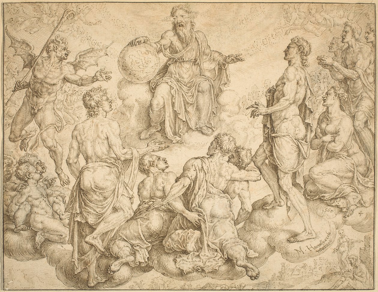 Satana sfida Dio a togliere a Giobbe la sua protezione da Maerten van Heemskerck