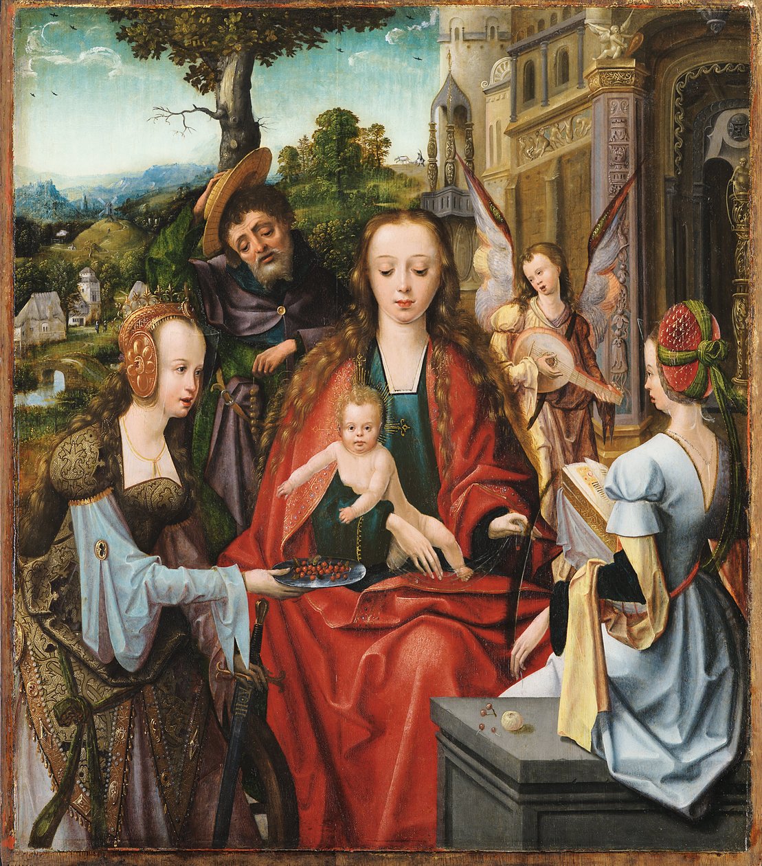 La Sacra Famiglia con due sante da Maestro de la Adoración