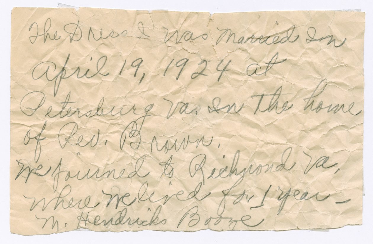 Nota scritta a mano da Magdalene Hendricks Boozé, metà del XX secolo da Magdalene Hendricks Boozé